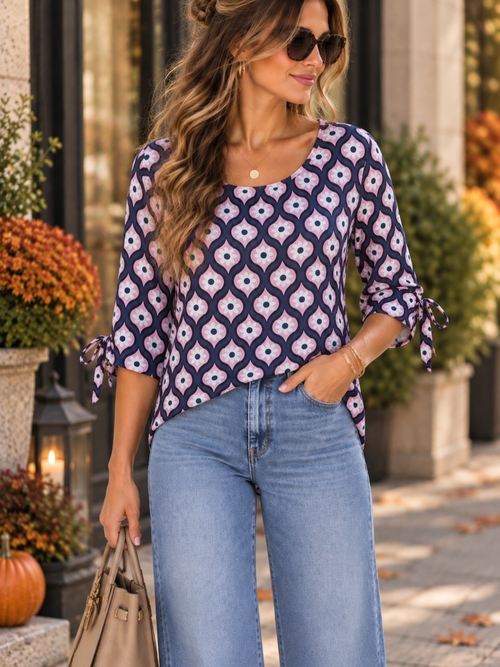 Pink Navy Floral Geometric Tunic Top XL Tie Sleeve Hi Low Boho Retro Feminine